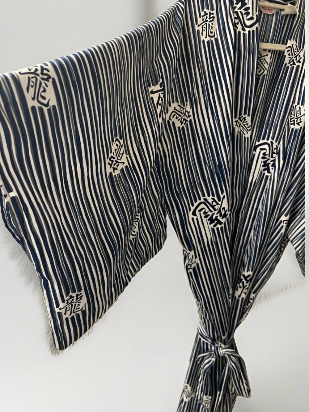 Marukyo Japanese Kimono Robe Yukata Blue Stripe Kanji Full Length Large XLarge